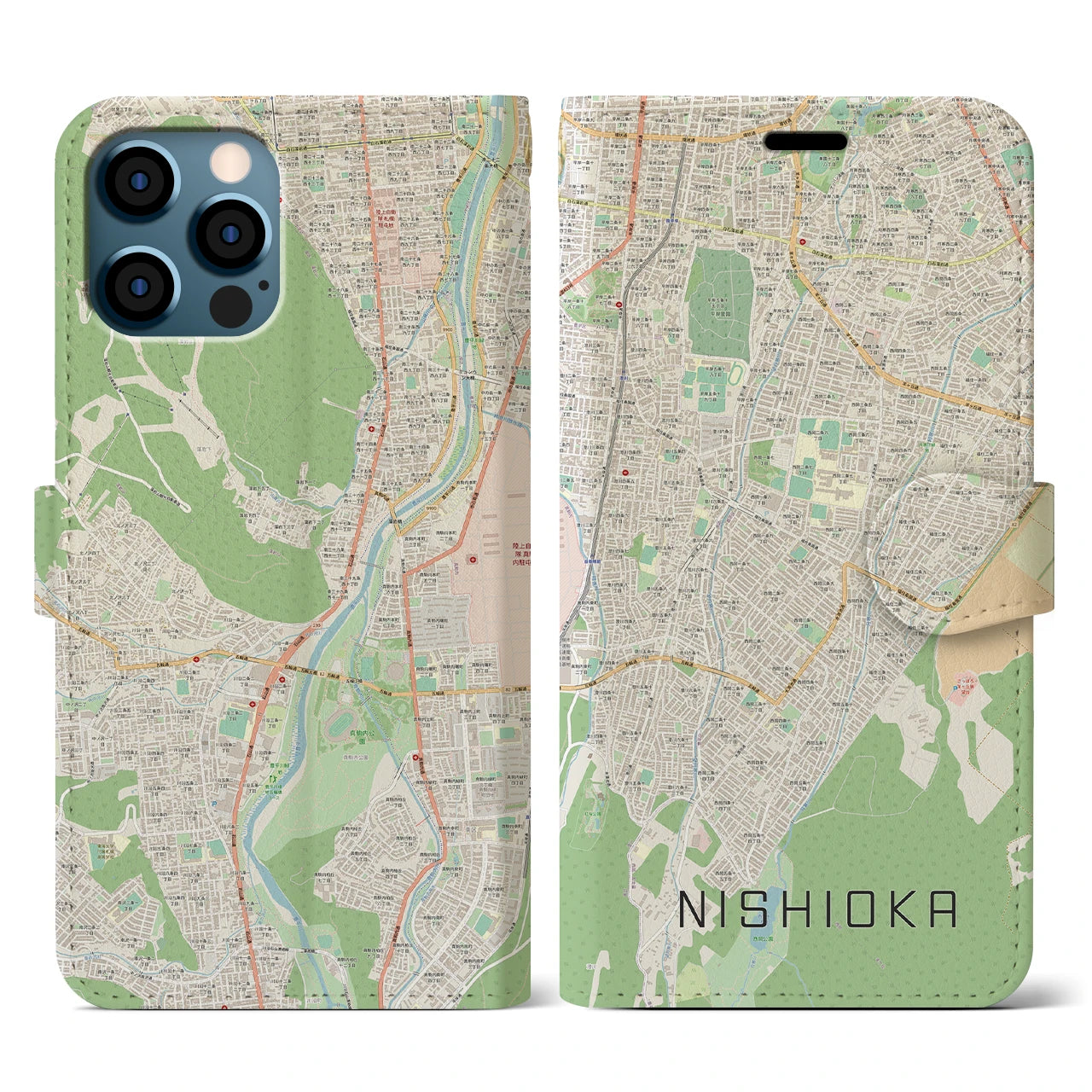 【西岡(北海道)】地図柄iPhoneケース(手帳タイプ)ナチュラル・iPhone 12 / 12 Pro 用