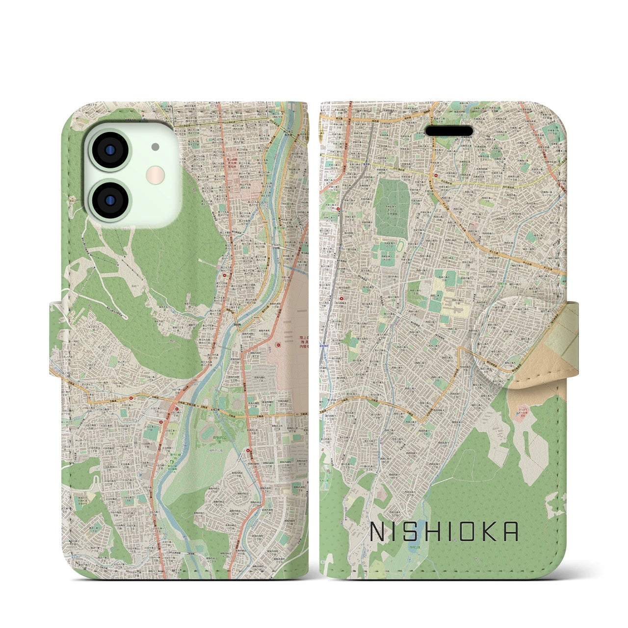 【西岡(北海道)】地図柄iPhoneケース(手帳タイプ)ナチュラル・iPhone 12 mini 用