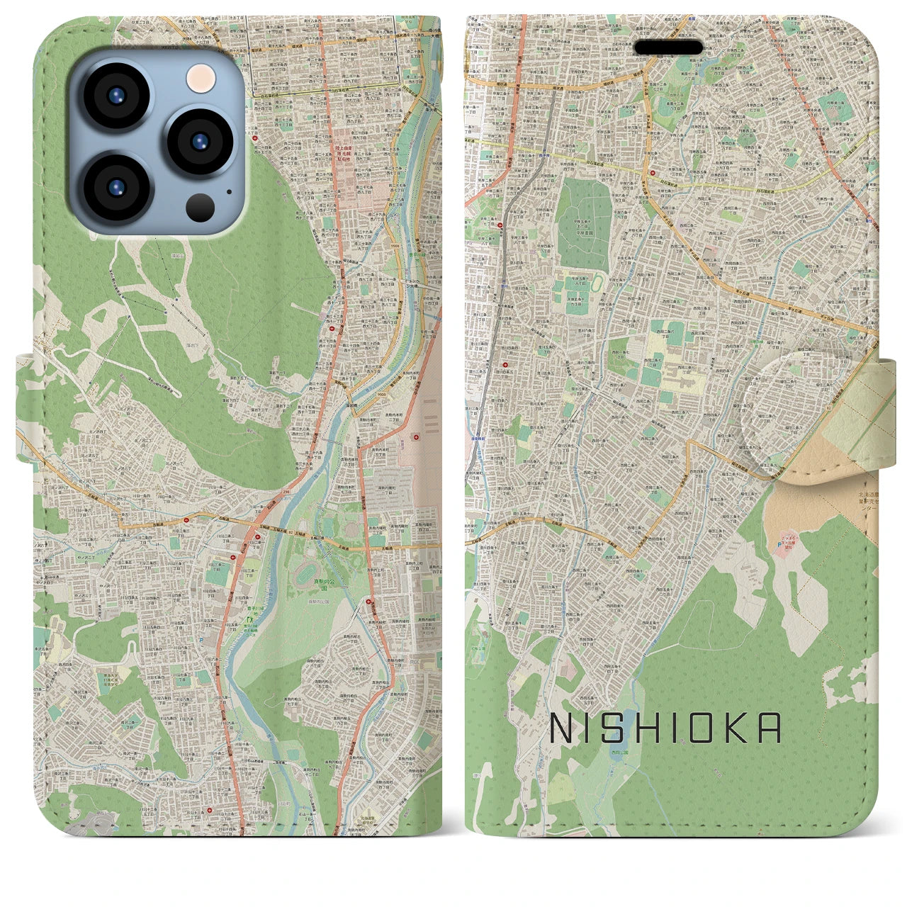 【西岡(北海道)】地図柄iPhoneケース(手帳タイプ)ナチュラル・iPhone 13 Pro Max 用