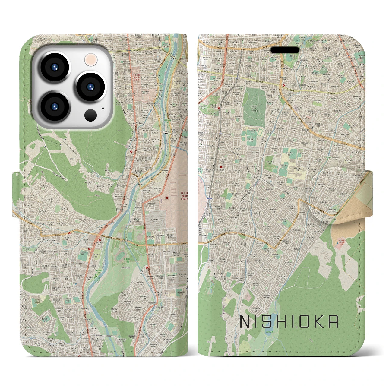 【西岡(北海道)】地図柄iPhoneケース(手帳タイプ)ナチュラル・iPhone 13 Pro 用