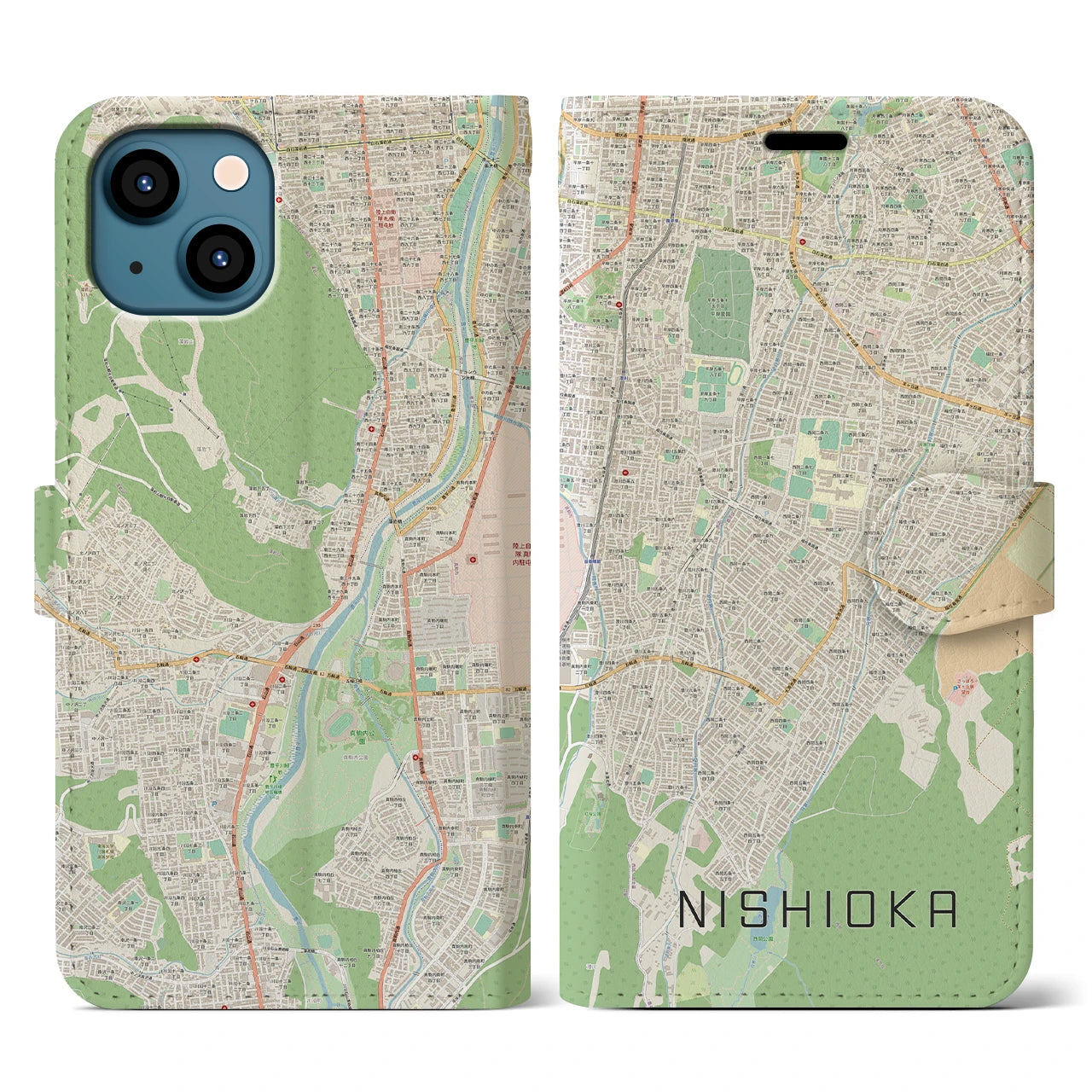 【西岡(北海道)】地図柄iPhoneケース(手帳タイプ)ナチュラル・iPhone 13 用