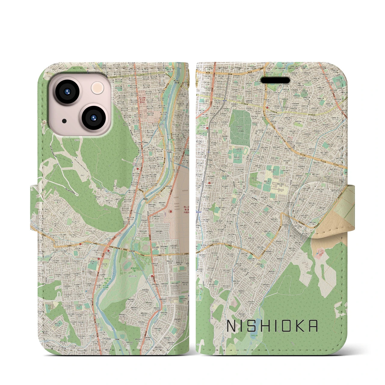 【西岡(北海道)】地図柄iPhoneケース(手帳タイプ)ナチュラル・iPhone 13 mini 用