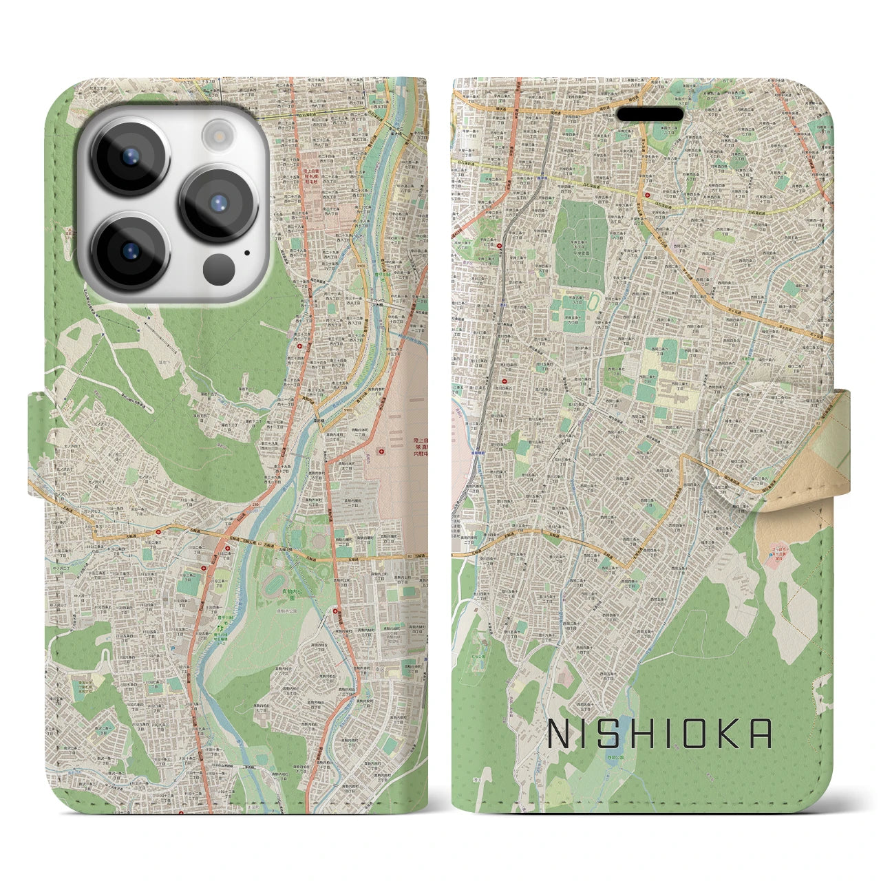 【西岡(北海道)】地図柄iPhoneケース(手帳タイプ)ナチュラル・iPhone 14 Pro 用