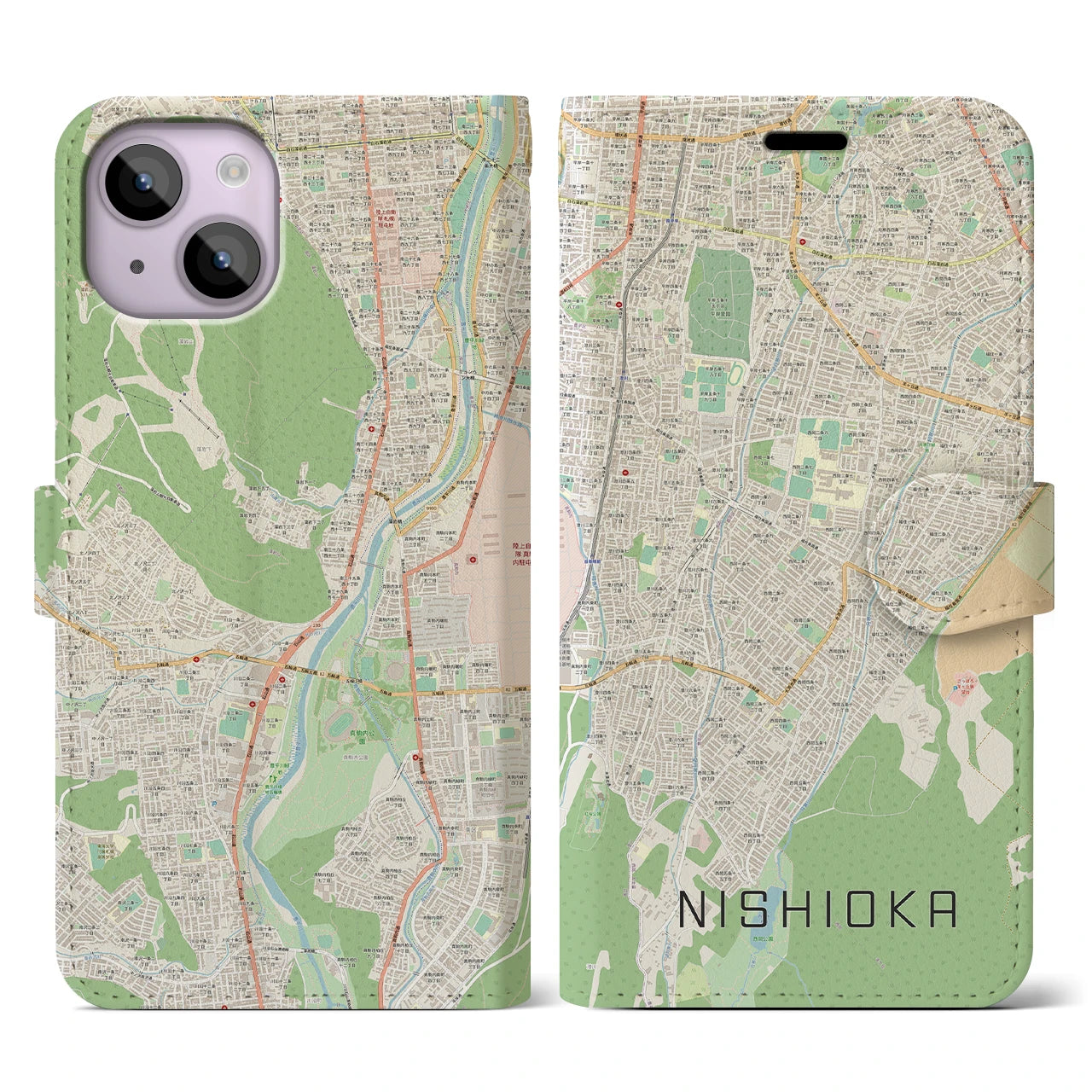 【西岡(北海道)】地図柄iPhoneケース(手帳タイプ)ナチュラル・iPhone 14 用