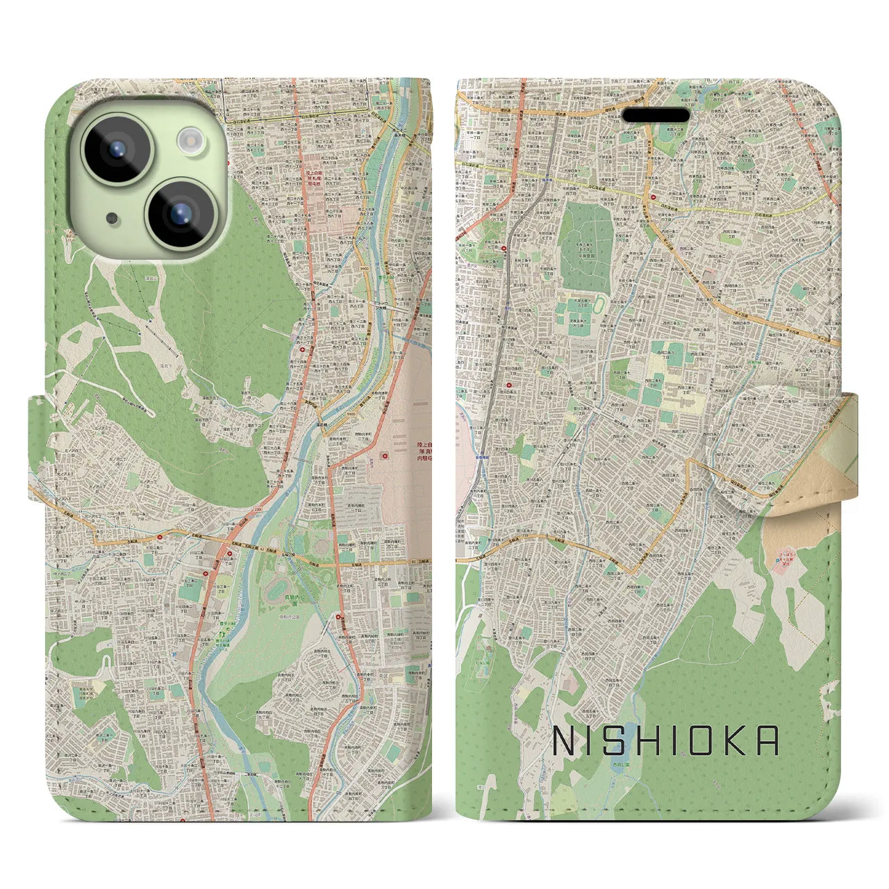 【西岡(北海道)】地図柄iPhoneケース(手帳タイプ)ナチュラル・iPhone 15 用