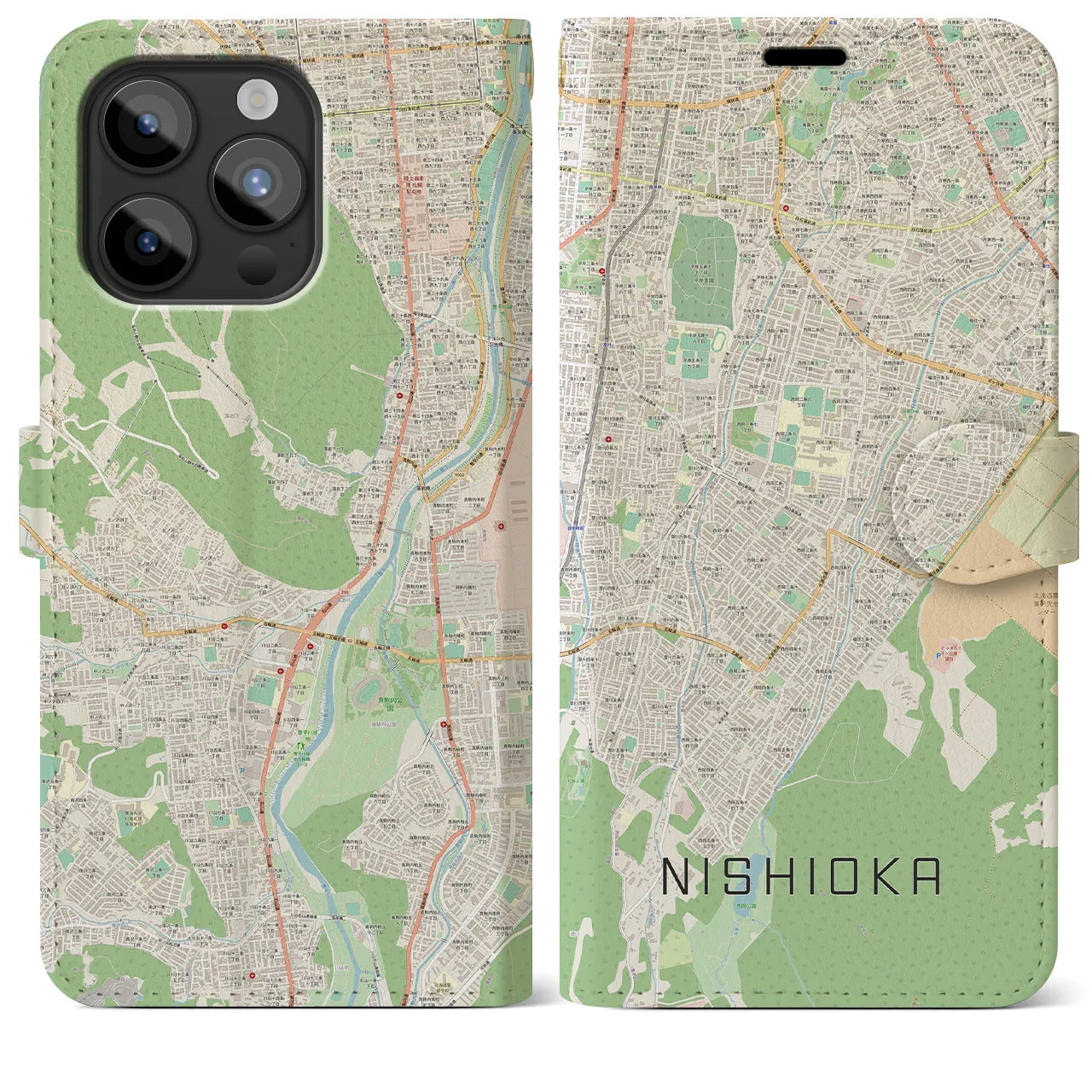 【西岡(北海道)】地図柄iPhoneケース(手帳タイプ)ナチュラル・iPhone 15 Pro Max 用