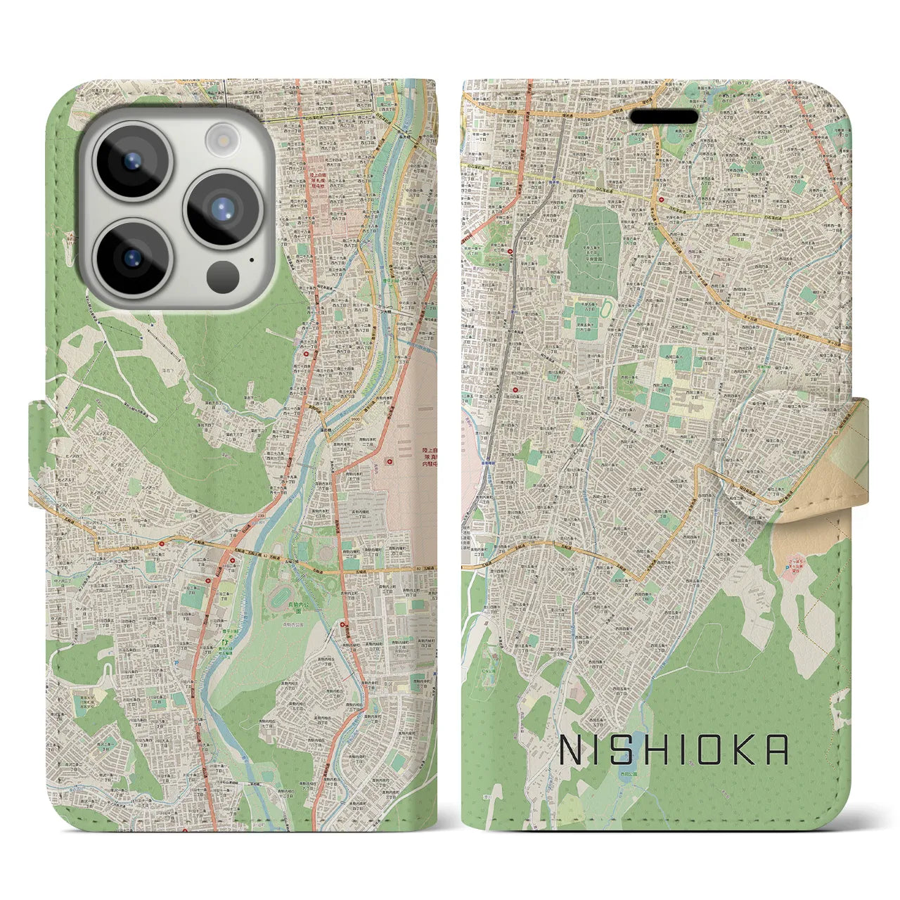 【西岡(北海道)】地図柄iPhoneケース(手帳タイプ)ナチュラル・iPhone 15 Pro 用