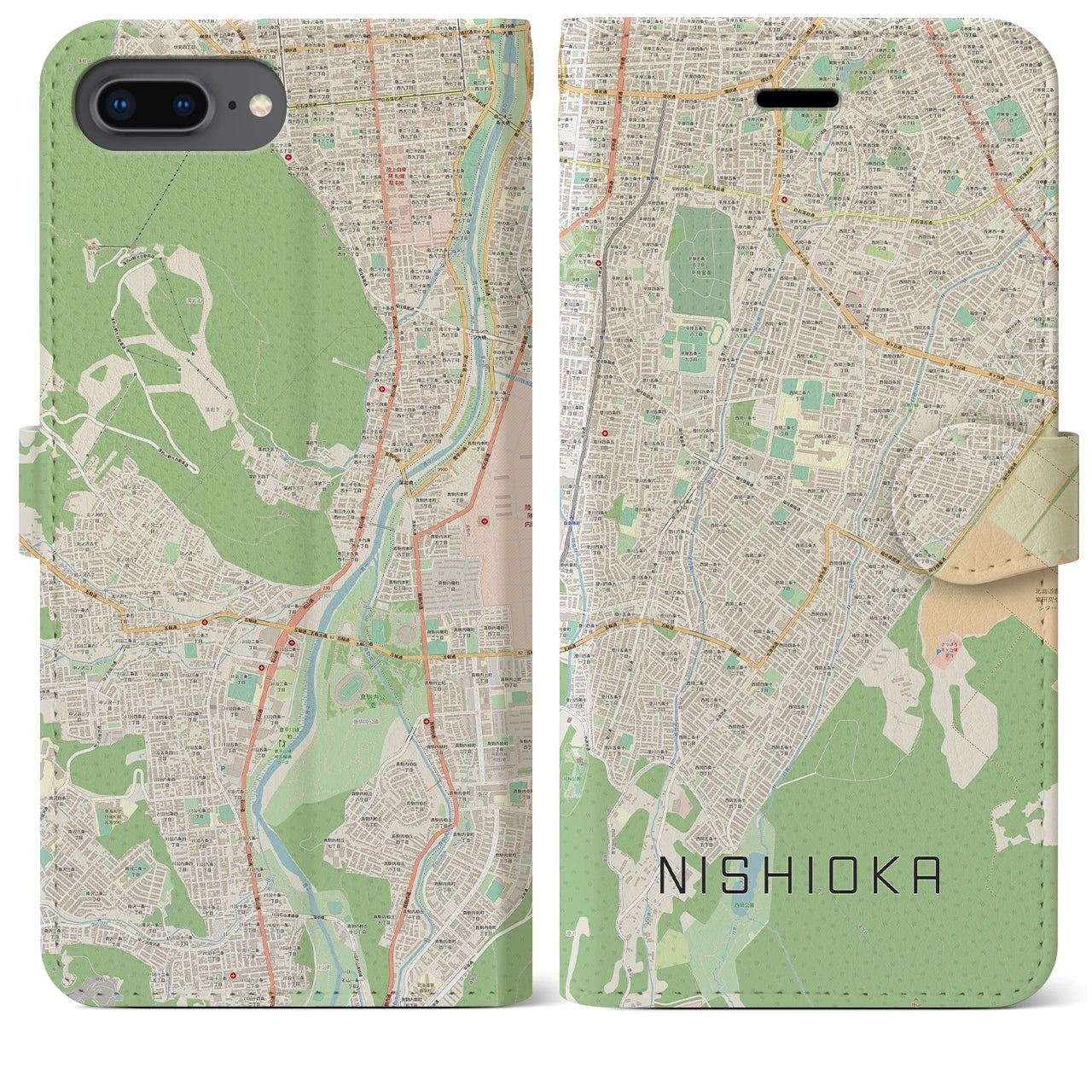 【西岡(北海道)】地図柄iPhoneケース(手帳タイプ)ナチュラル・iPhone 8Plus /7Plus / 6sPlus / 6Plus 用