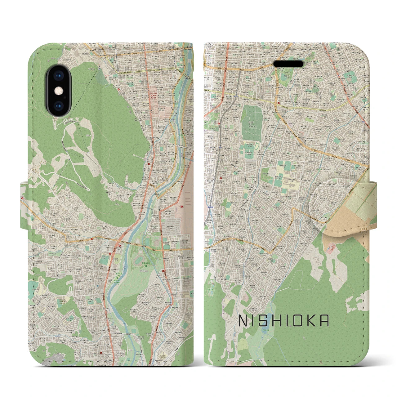 【西岡(北海道)】地図柄iPhoneケース(手帳タイプ)ナチュラル・iPhone XS / X 用