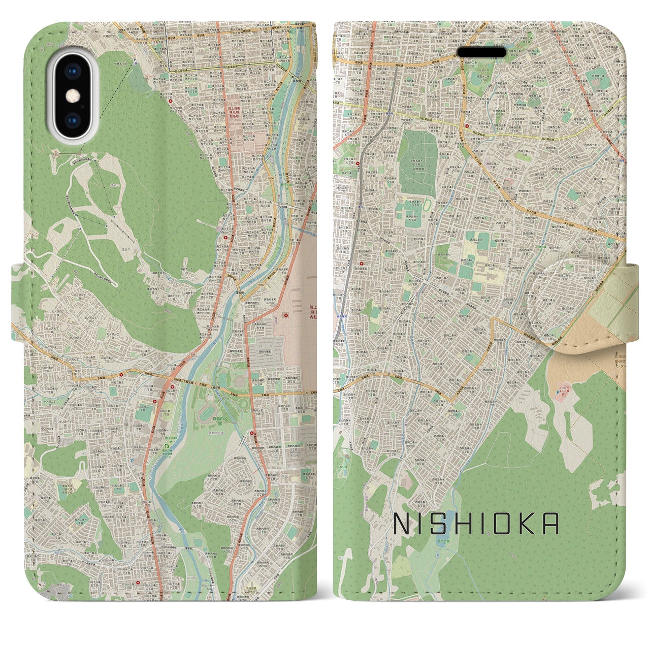 【西岡(北海道)】地図柄iPhoneケース(手帳タイプ)ナチュラル・iPhone XS Max 用