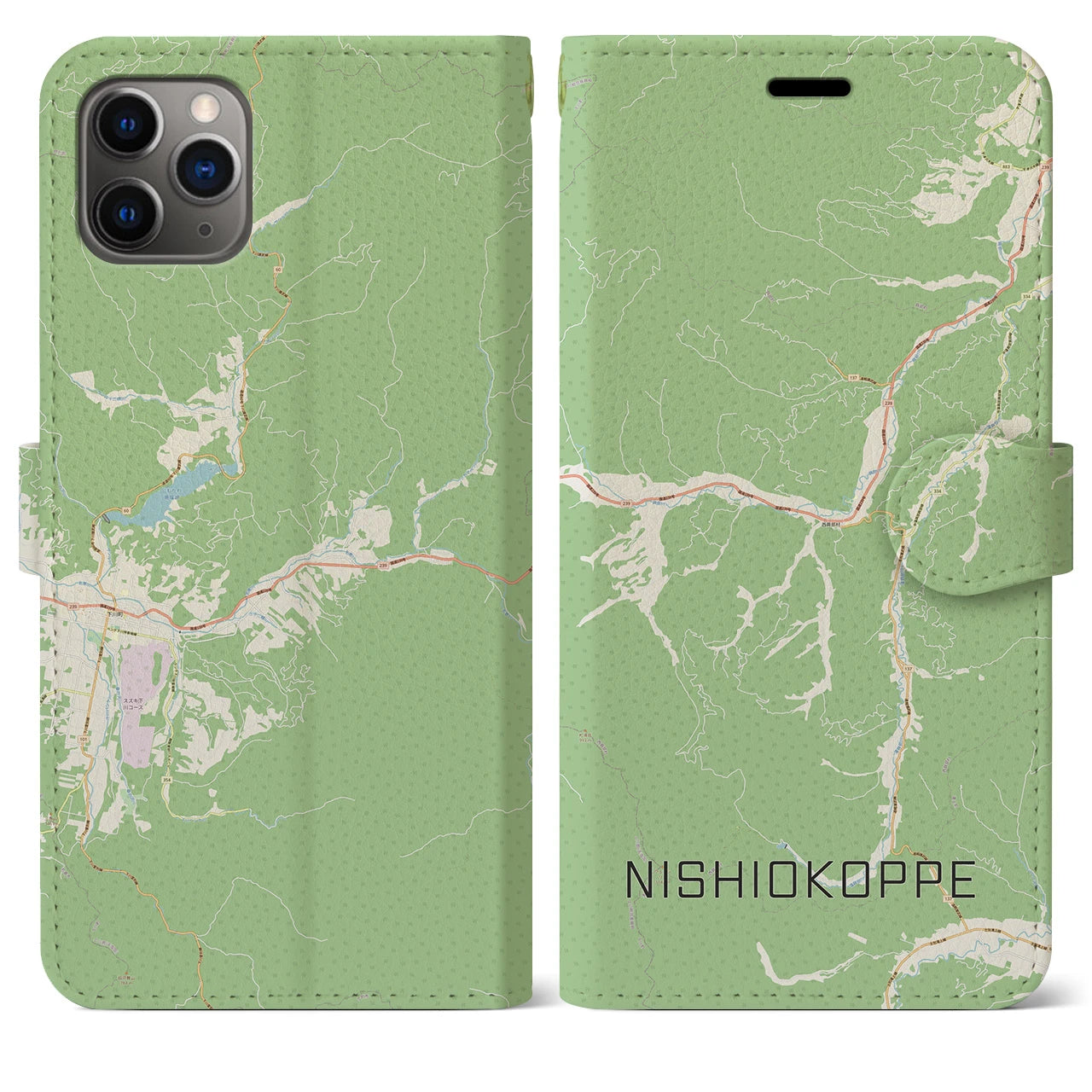 【西興部(北海道)】地図柄iPhoneケース(手帳タイプ)ナチュラル・iPhone 11 Pro Max 用