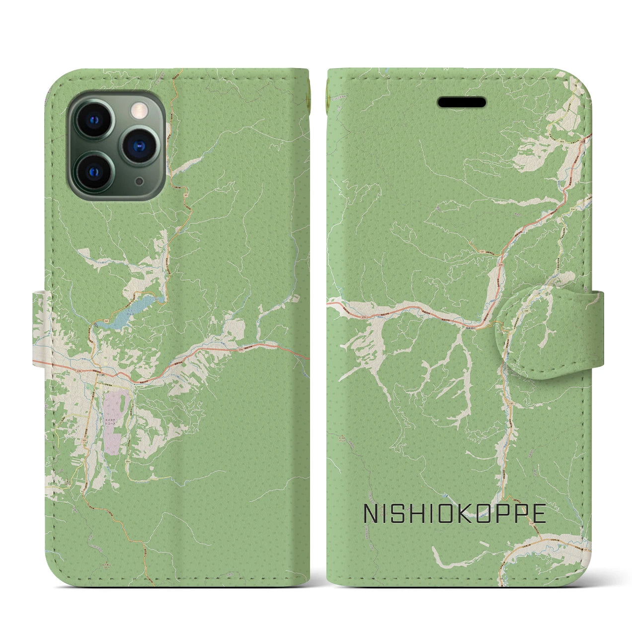 【西興部(北海道)】地図柄iPhoneケース(手帳タイプ)ナチュラル・iPhone 11 Pro 用