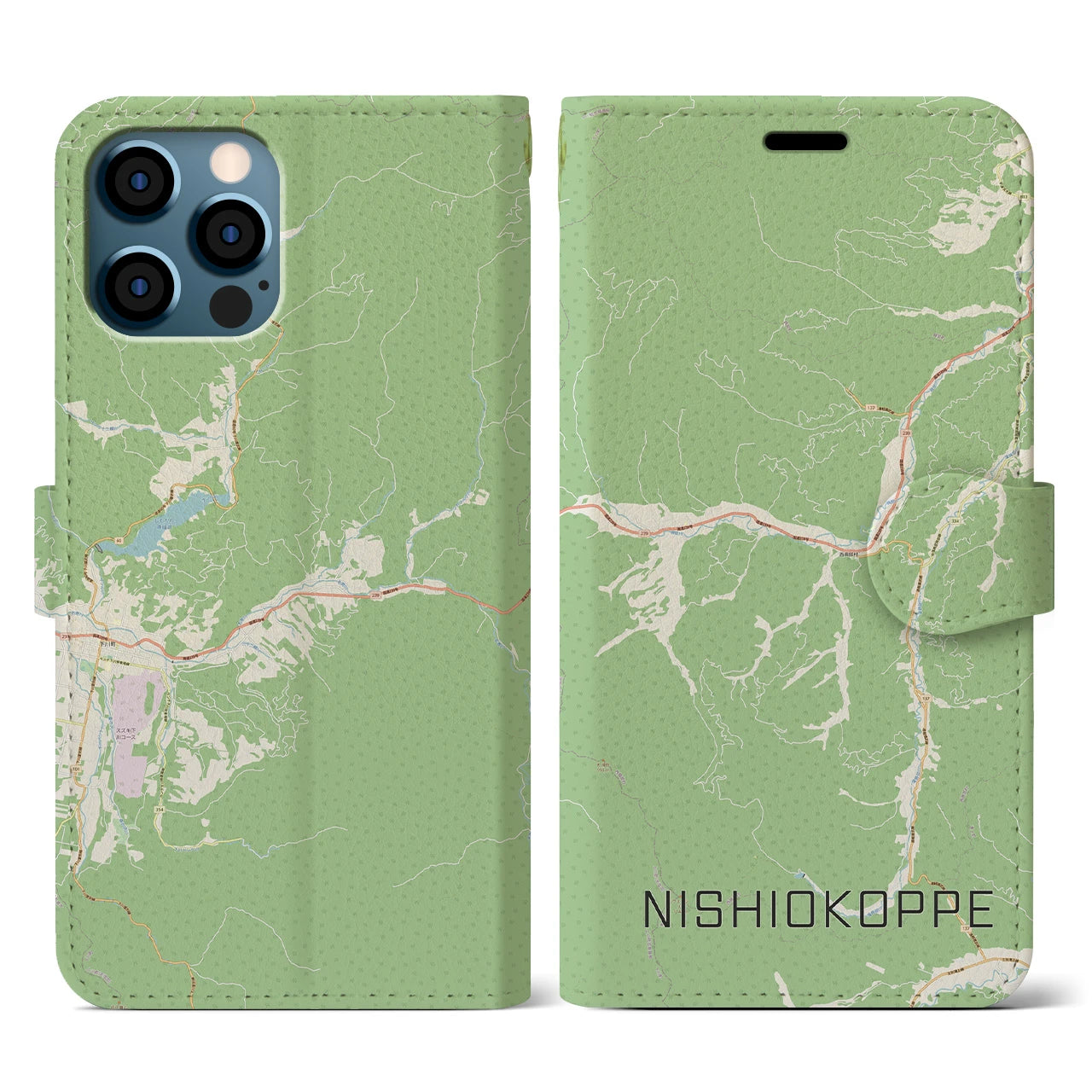 【西興部(北海道)】地図柄iPhoneケース(手帳タイプ)ナチュラル・iPhone 12 / 12 Pro 用