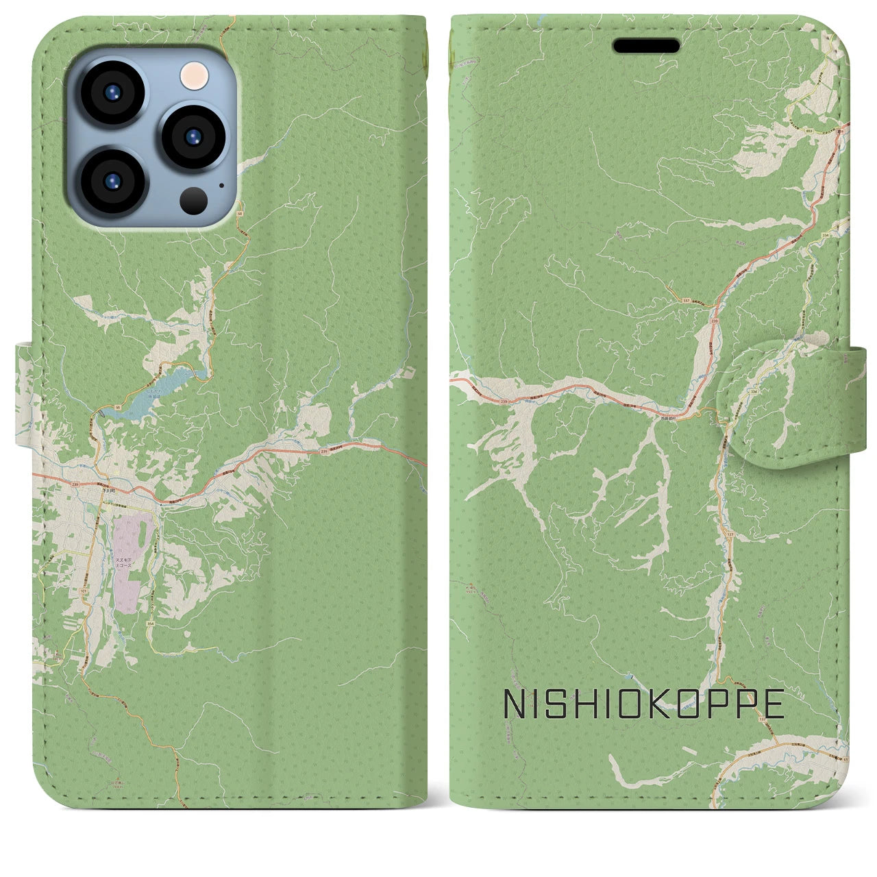 【西興部(北海道)】地図柄iPhoneケース(手帳タイプ)ナチュラル・iPhone 13 Pro Max 用