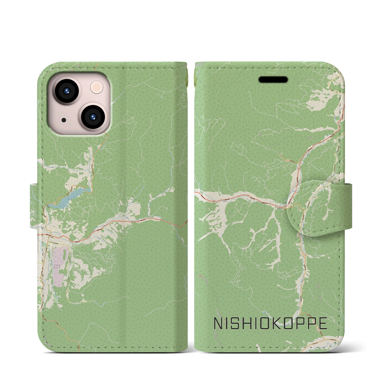 【西興部(北海道)】地図柄iPhoneケース(手帳タイプ)ナチュラル・iPhone 13 mini 用