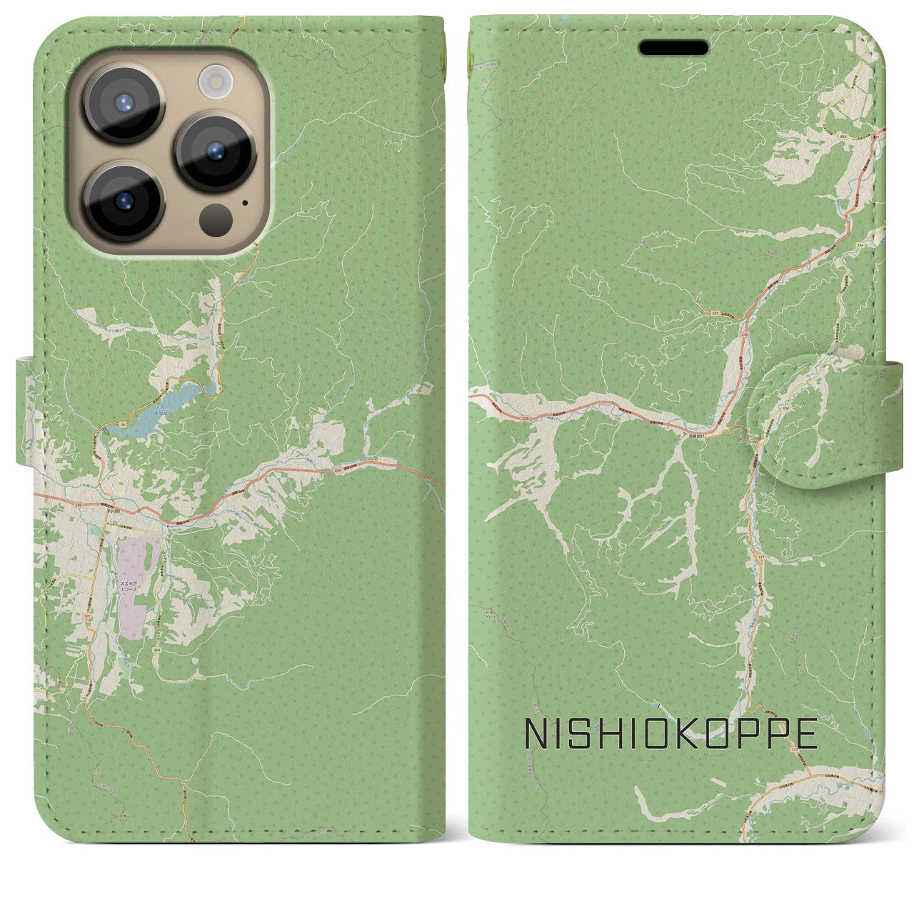 【西興部(北海道)】地図柄iPhoneケース(手帳タイプ)ナチュラル・iPhone 14 Pro Max 用