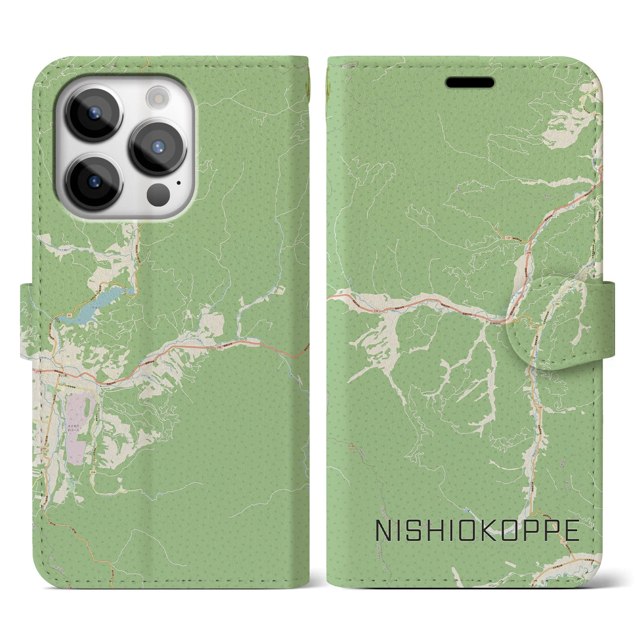 【西興部(北海道)】地図柄iPhoneケース(手帳タイプ)ナチュラル・iPhone 14 Pro 用