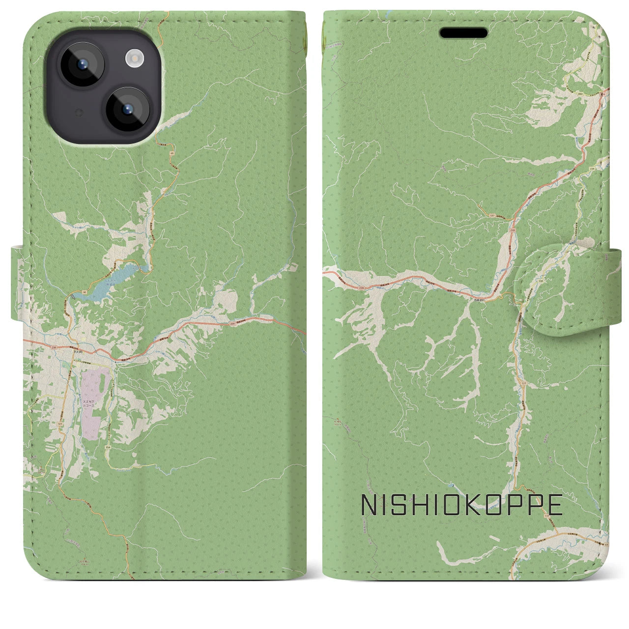 【西興部(北海道)】地図柄iPhoneケース(手帳タイプ)ナチュラル・iPhone 14 Plus 用