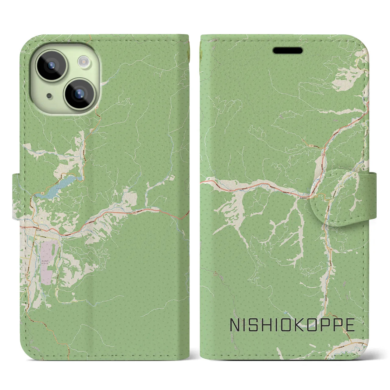 【西興部(北海道)】地図柄iPhoneケース(手帳タイプ)ナチュラル・iPhone 15 用