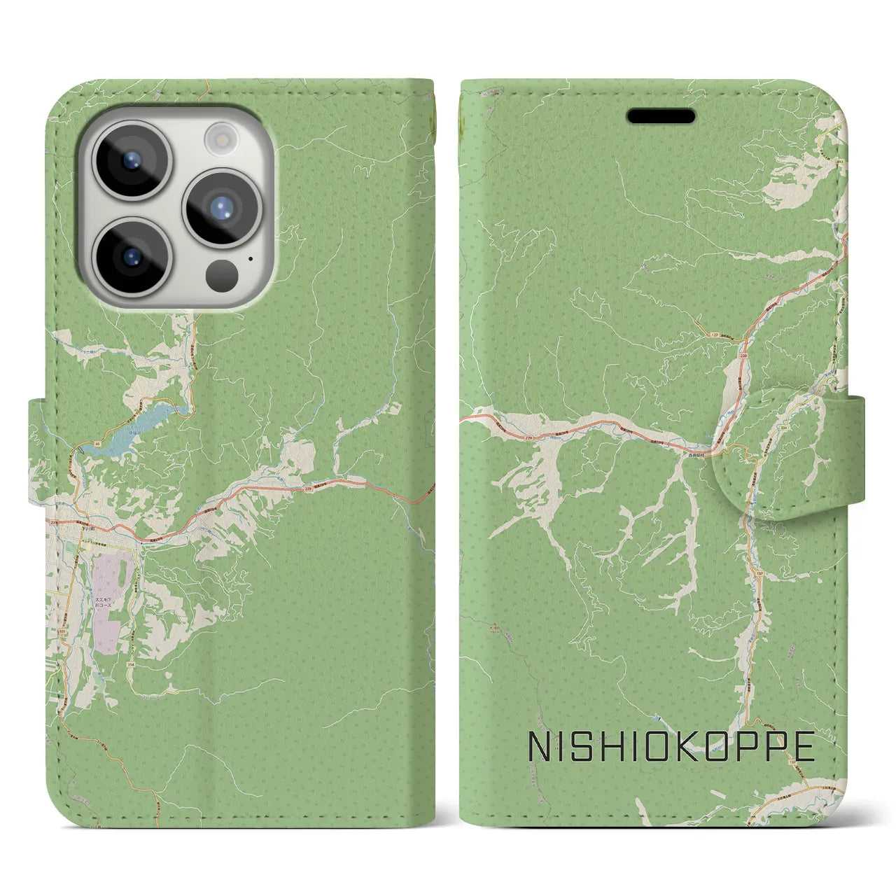 【西興部(北海道)】地図柄iPhoneケース(手帳タイプ)ナチュラル・iPhone 15 Pro 用
