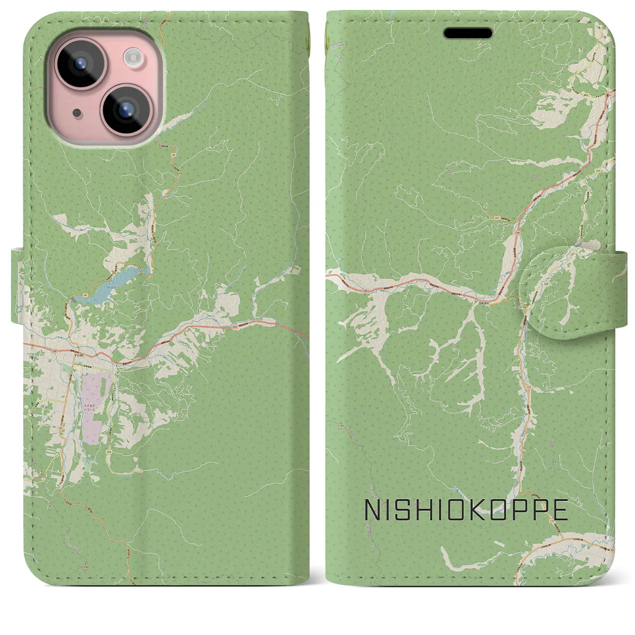 【西興部(北海道)】地図柄iPhoneケース(手帳タイプ)ナチュラル・iPhone 15 Plus 用