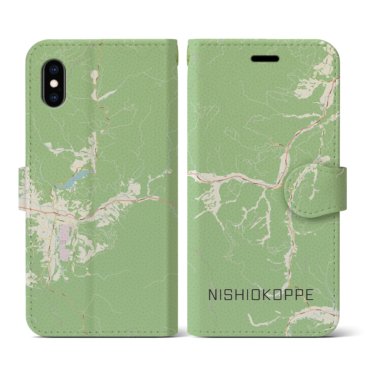 【西興部(北海道)】地図柄iPhoneケース(手帳タイプ)ナチュラル・iPhone XS / X 用