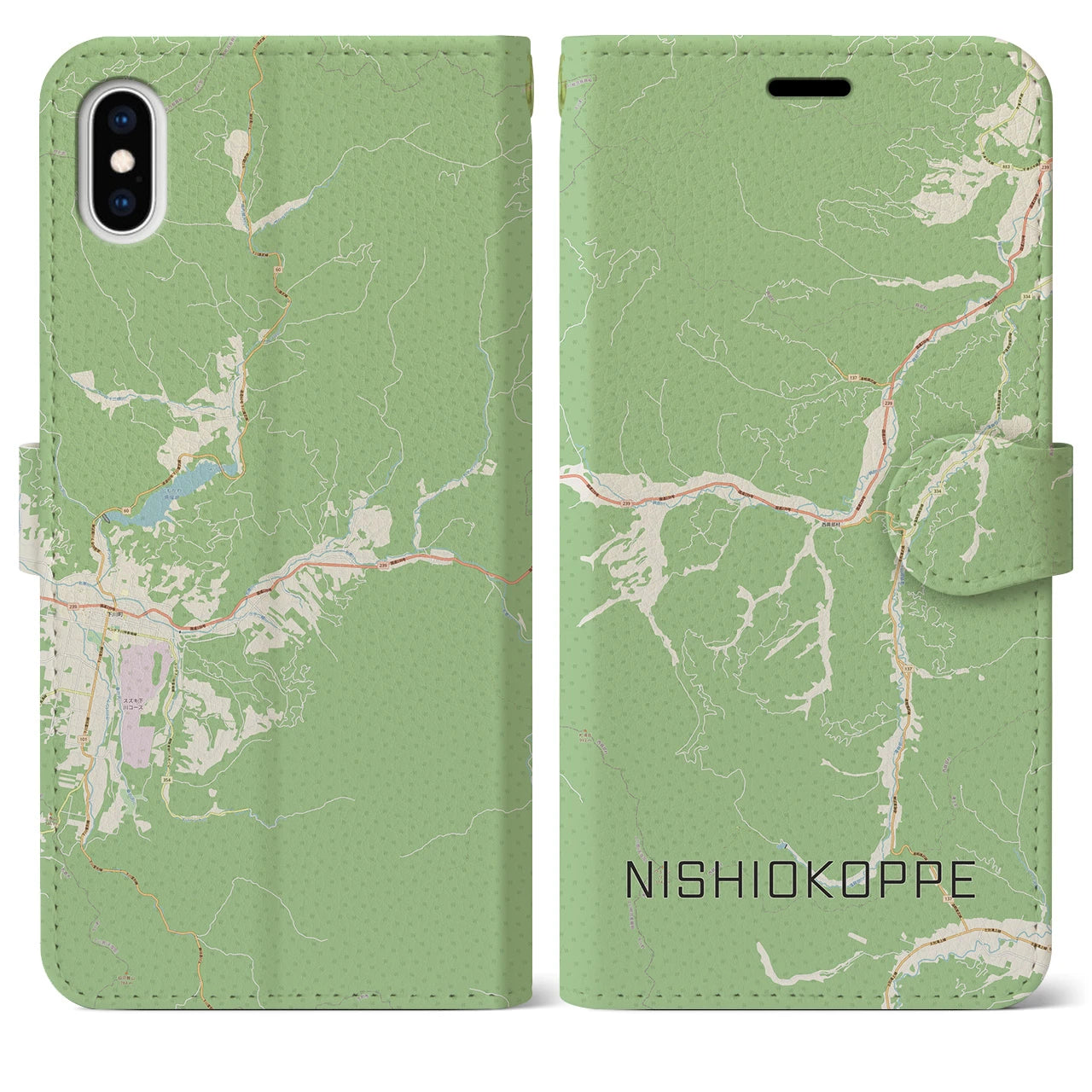 【西興部(北海道)】地図柄iPhoneケース(手帳タイプ)ナチュラル・iPhone XS Max 用