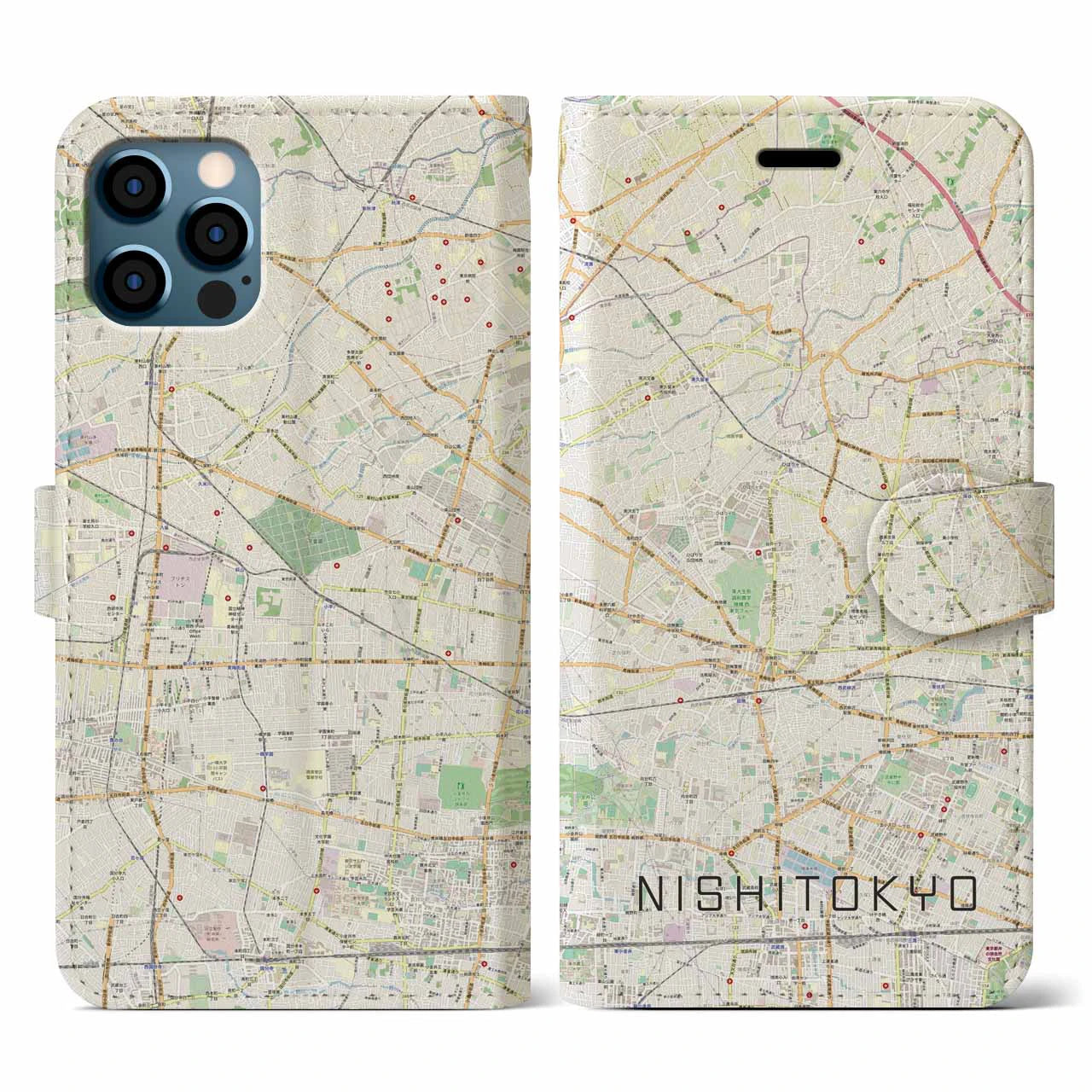 【西東京(東京都)】地図柄iPhoneケース(手帳タイプ)ナチュラル・iPhone 12 / 12 Pro 用