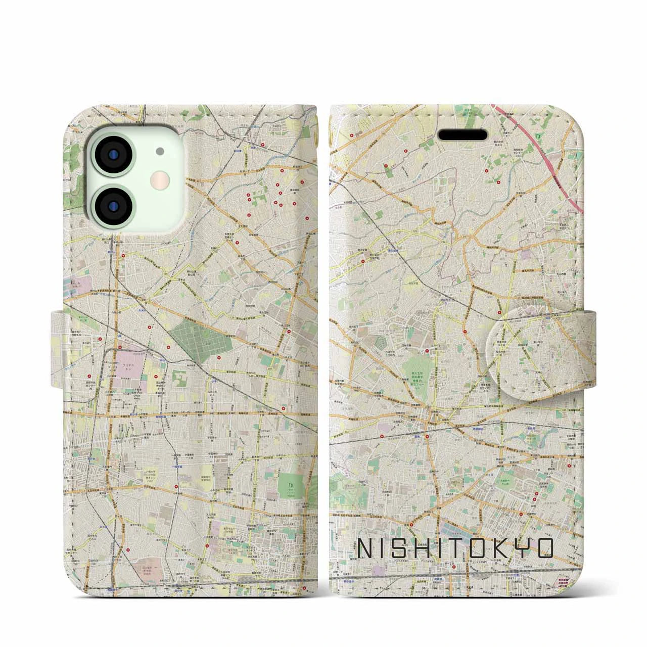 【西東京(東京都)】地図柄iPhoneケース(手帳タイプ)ナチュラル・iPhone 12 mini 用