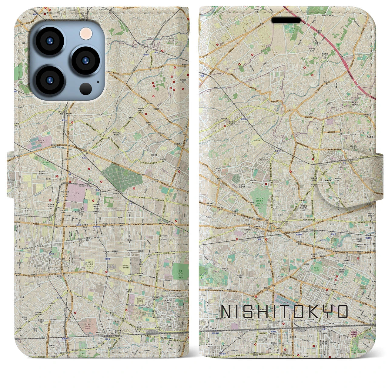 【西東京(東京都)】地図柄iPhoneケース(手帳タイプ)ナチュラル・iPhone 13 Pro Max 用