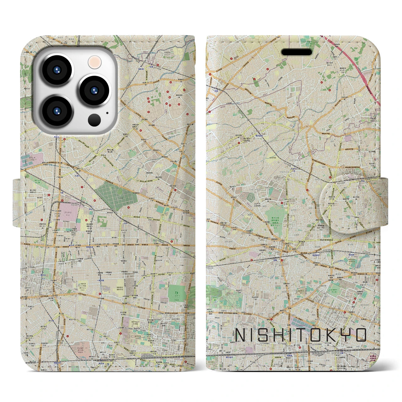 【西東京(東京都)】地図柄iPhoneケース(手帳タイプ)ナチュラル・iPhone 13 Pro 用