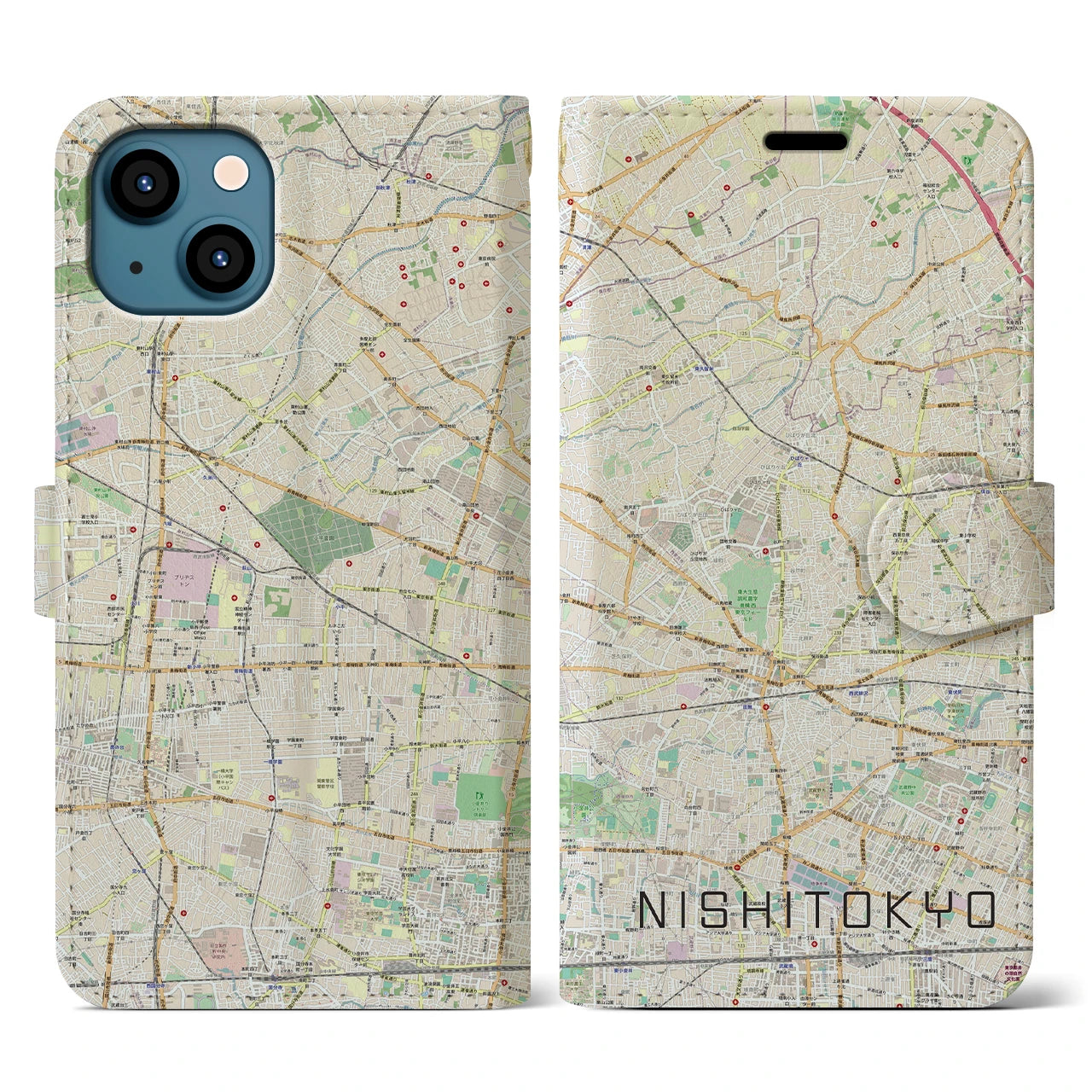 【西東京(東京都)】地図柄iPhoneケース(手帳タイプ)ナチュラル・iPhone 13 用