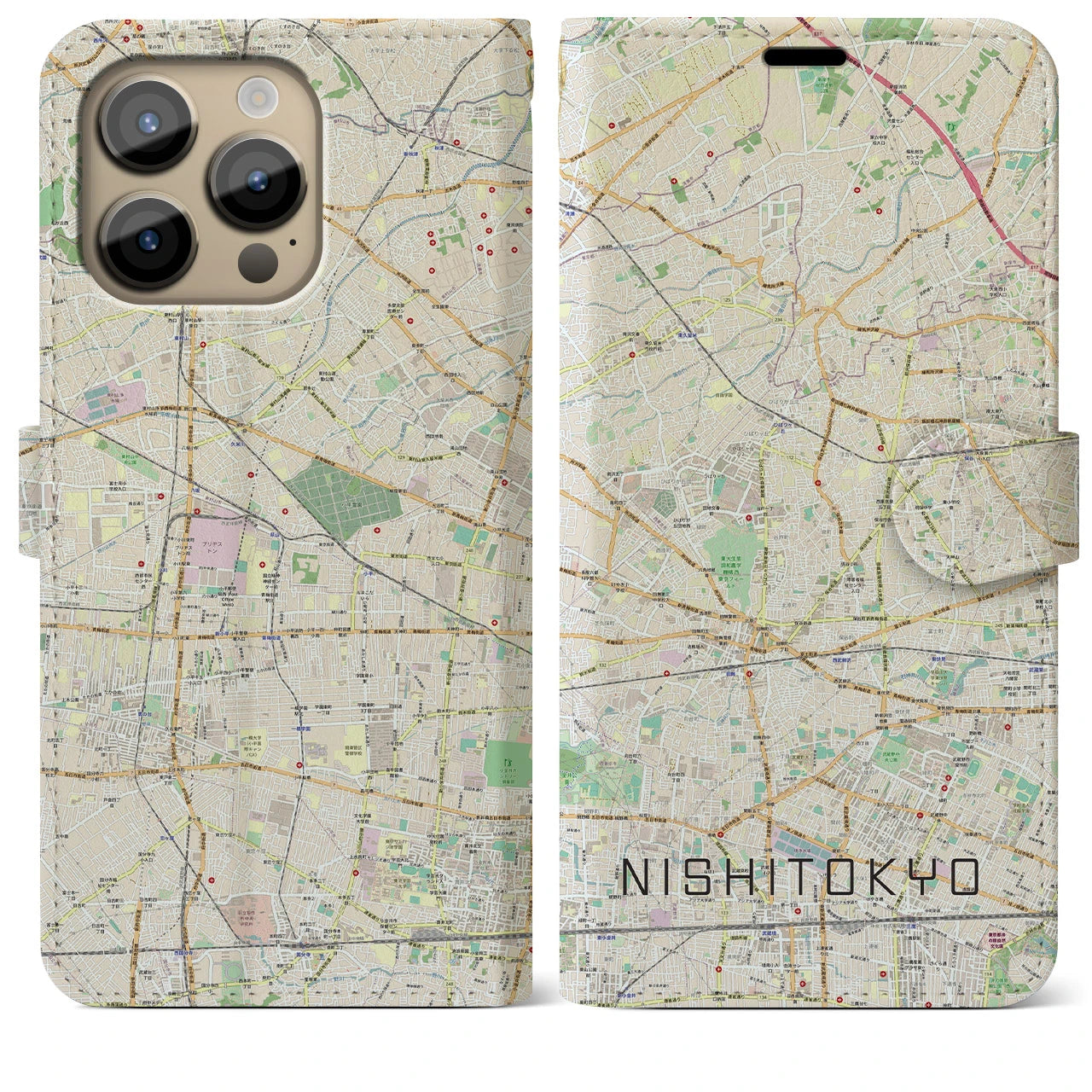 【西東京(東京都)】地図柄iPhoneケース(手帳タイプ)ナチュラル・iPhone 14 Pro Max 用