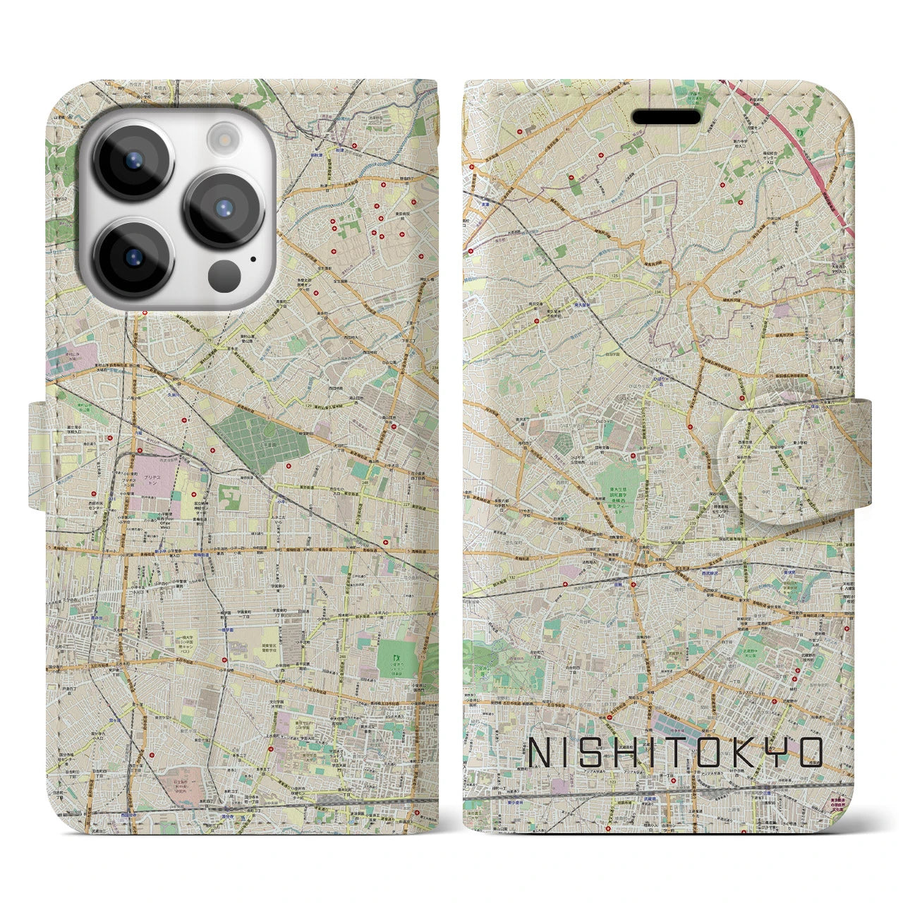 【西東京(東京都)】地図柄iPhoneケース(手帳タイプ)ナチュラル・iPhone 14 Pro 用