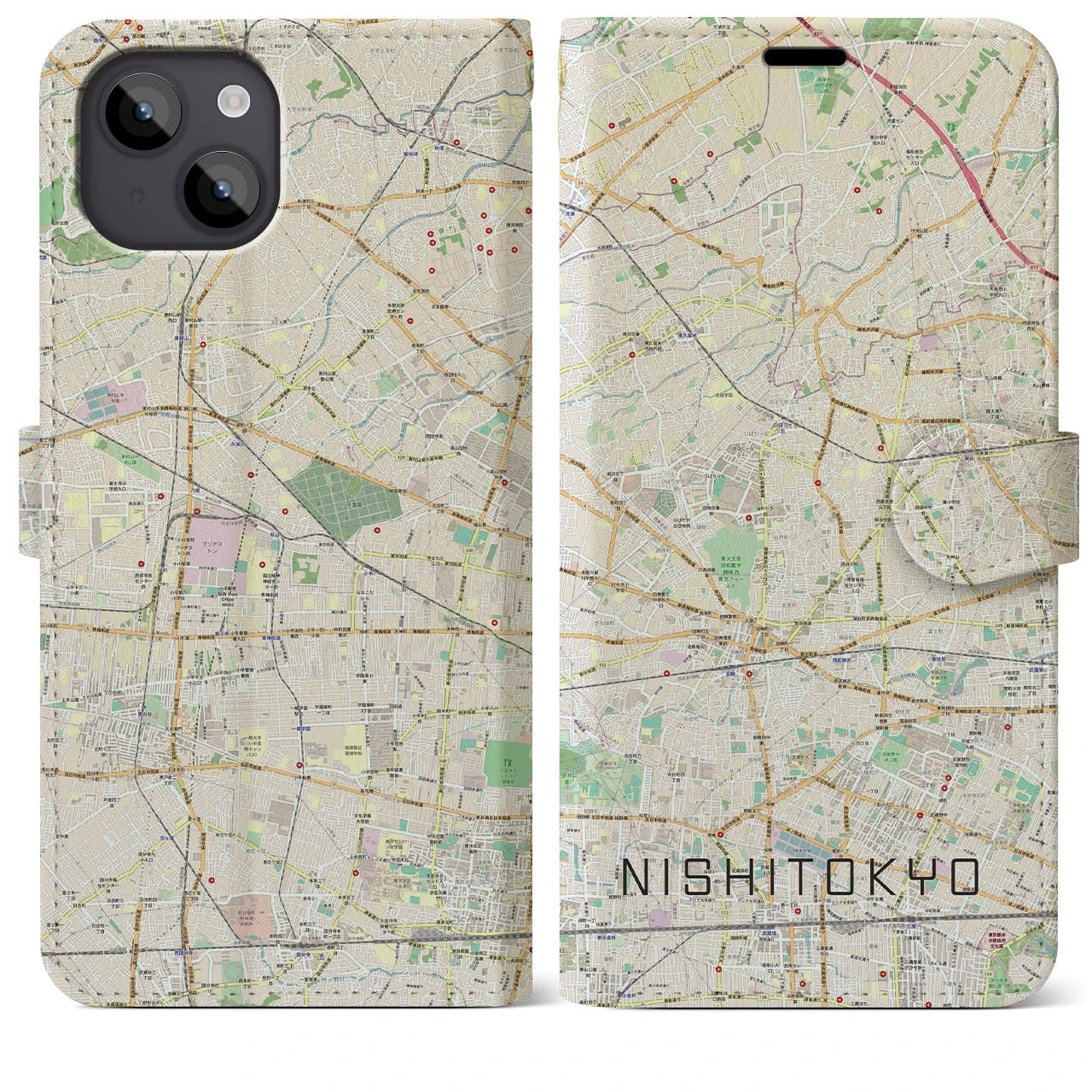 【西東京(東京都)】地図柄iPhoneケース(手帳タイプ)ナチュラル・iPhone 14 Plus 用
