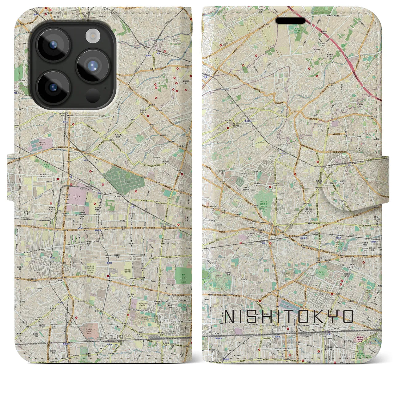 【西東京(東京都)】地図柄iPhoneケース(手帳タイプ)ナチュラル・iPhone 15 Pro Max 用