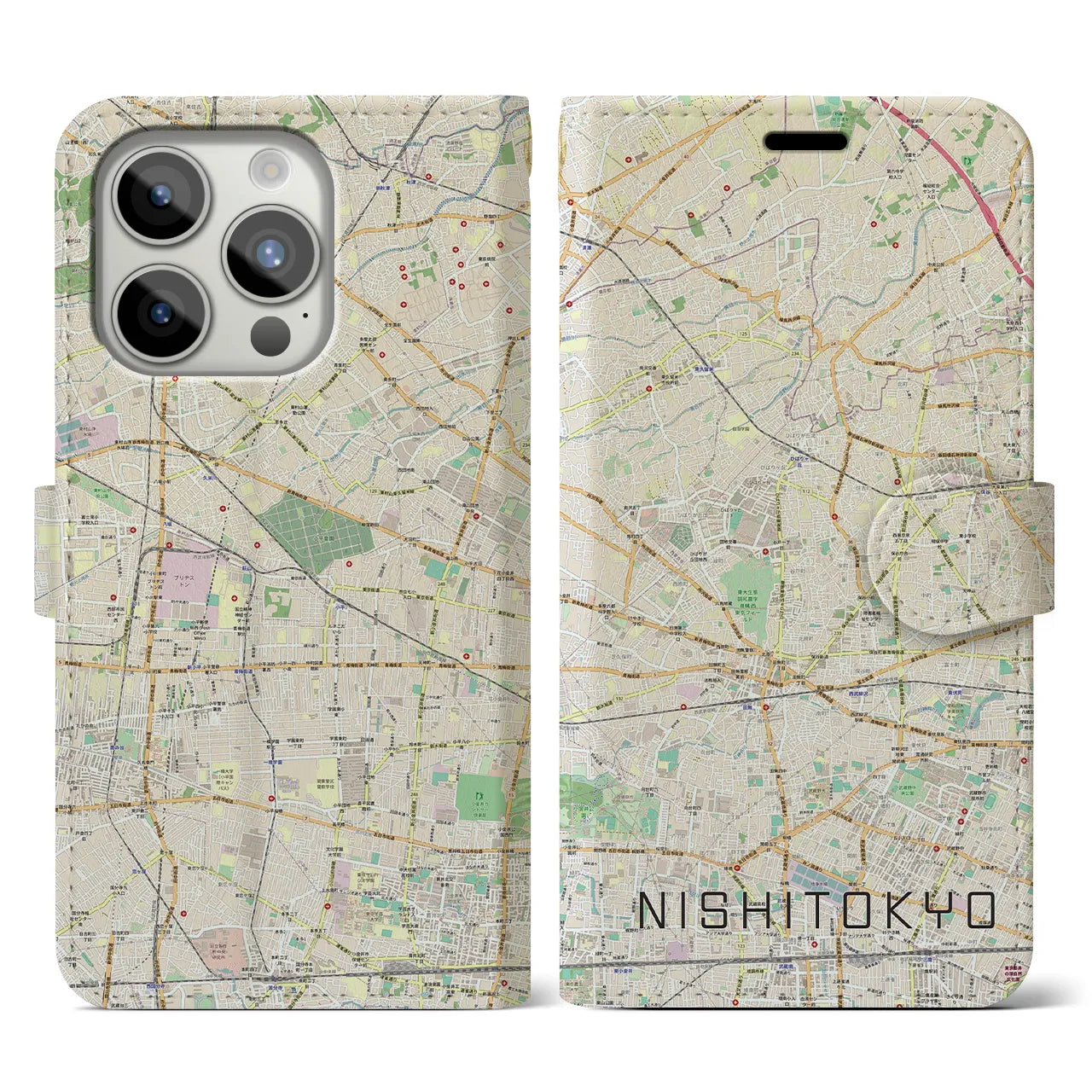 【西東京(東京都)】地図柄iPhoneケース(手帳タイプ)ナチュラル・iPhone 15 Pro 用