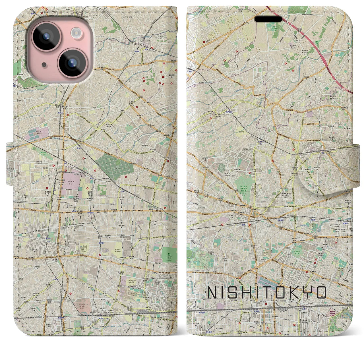 【西東京(東京都)】地図柄iPhoneケース(手帳タイプ)ナチュラル・iPhone 15 Plus 用