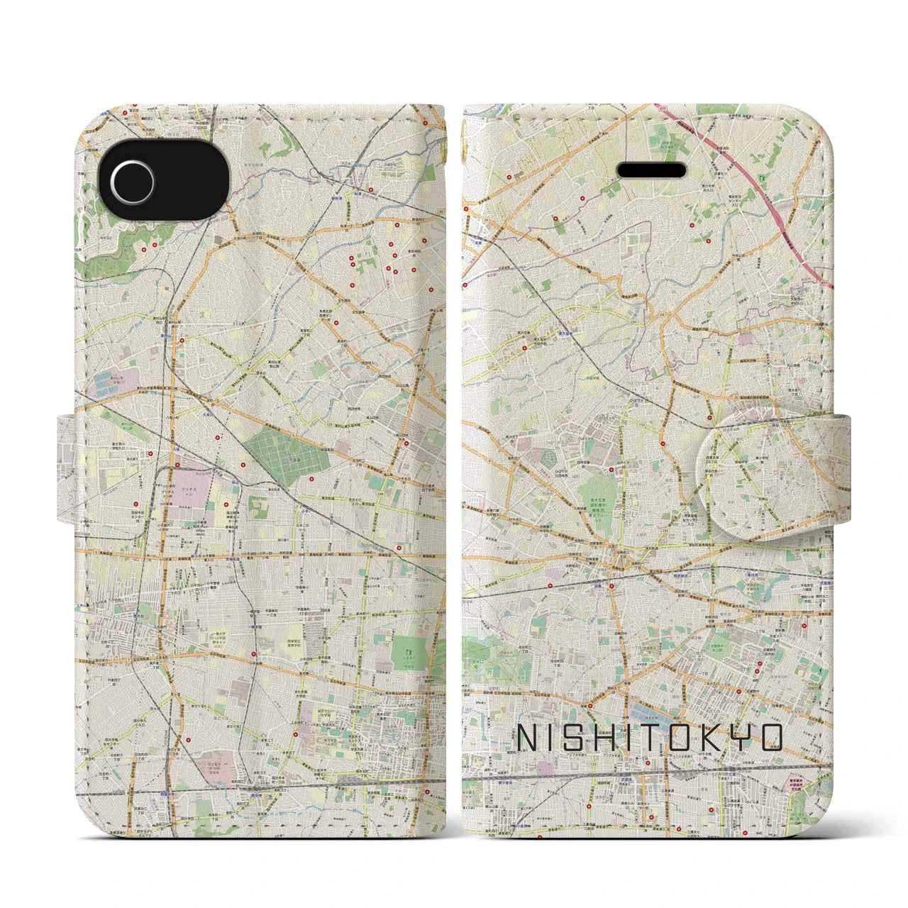 【西東京(東京都)】地図柄iPhoneケース(手帳タイプ)ナチュラル・iPhone SE(第3 / 第2世代) / 8 / 7 / 6s / 6 用