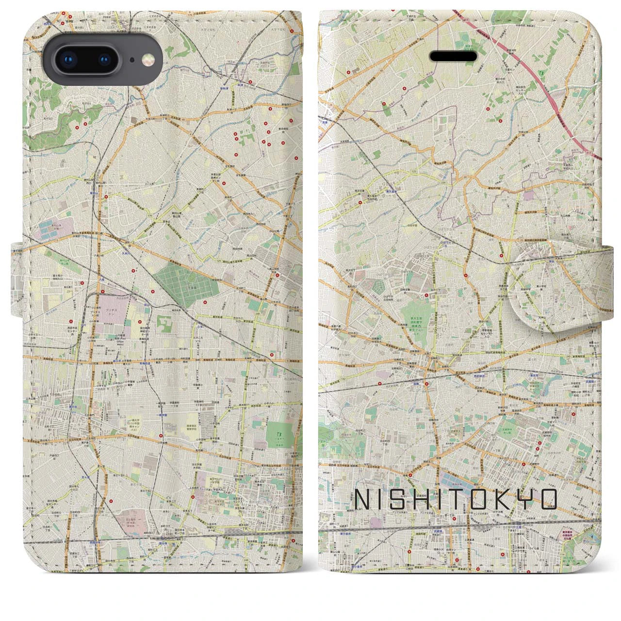 【西東京(東京都)】地図柄iPhoneケース(手帳タイプ)ナチュラル・iPhone 8Plus /7Plus / 6sPlus / 6Plus 用