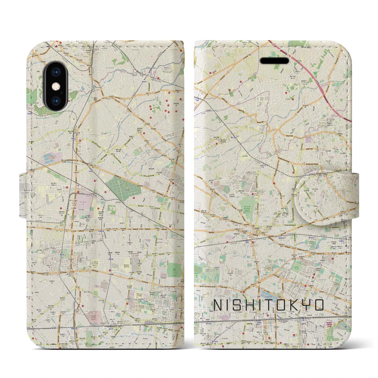 【西東京(東京都)】地図柄iPhoneケース(手帳タイプ)ナチュラル・iPhone XS / X 用