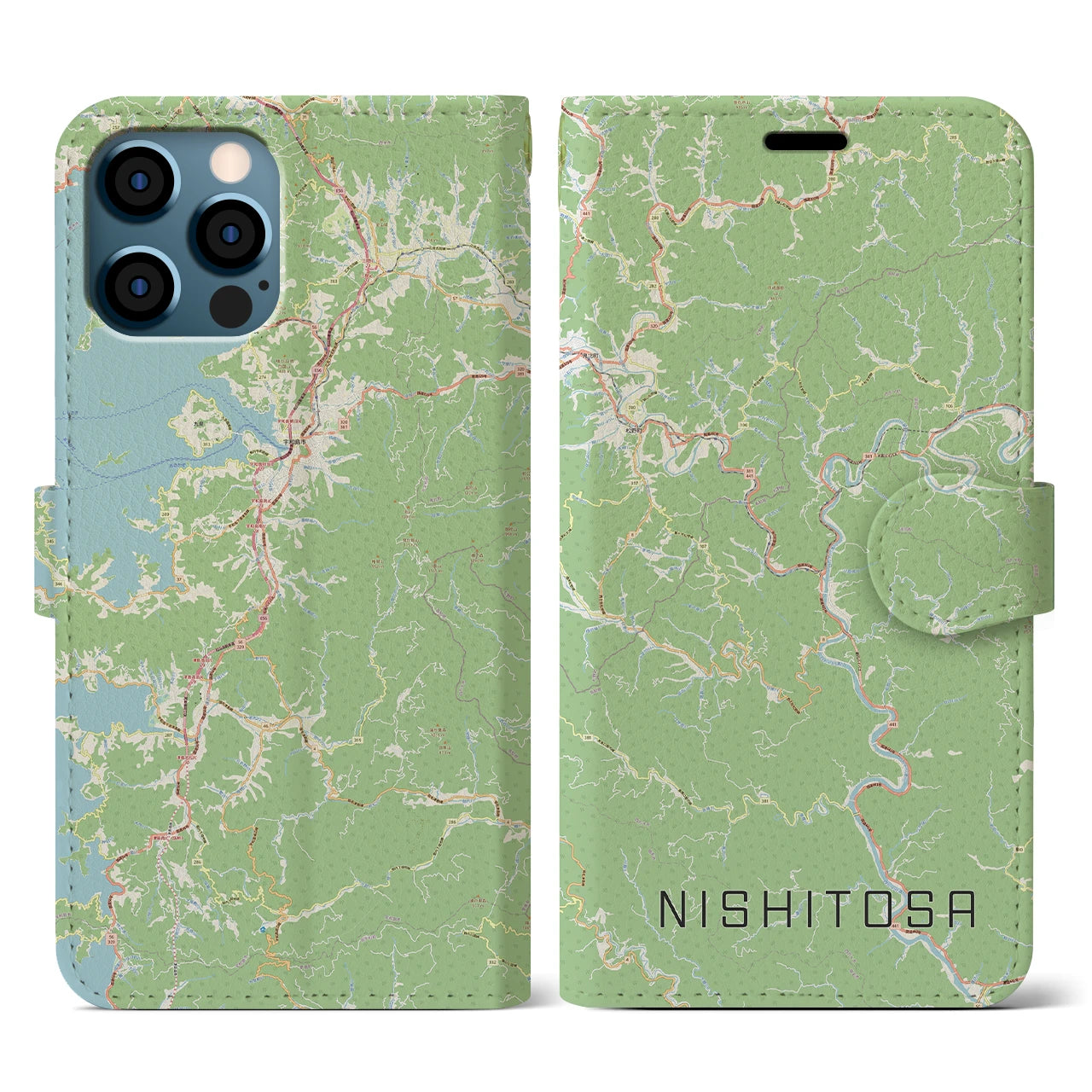 【西土佐(高知県)】地図柄iPhoneケース(手帳タイプ)ナチュラル・iPhone 12 / 12 Pro 用