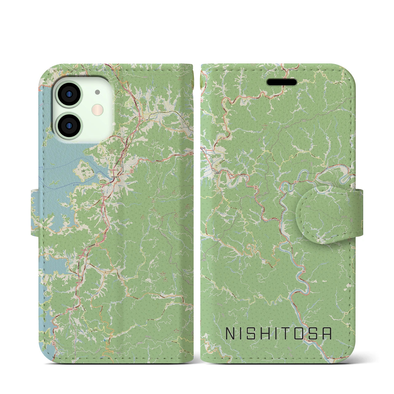 【西土佐(高知県)】地図柄iPhoneケース(手帳タイプ)ナチュラル・iPhone 12 mini 用