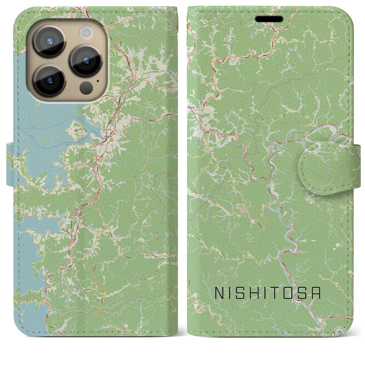 【西土佐(高知県)】地図柄iPhoneケース(手帳タイプ)ナチュラル・iPhone 14 Pro Max 用