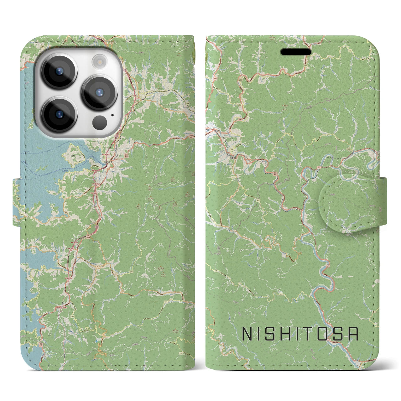 【西土佐(高知県)】地図柄iPhoneケース(手帳タイプ)ナチュラル・iPhone 14 Pro 用