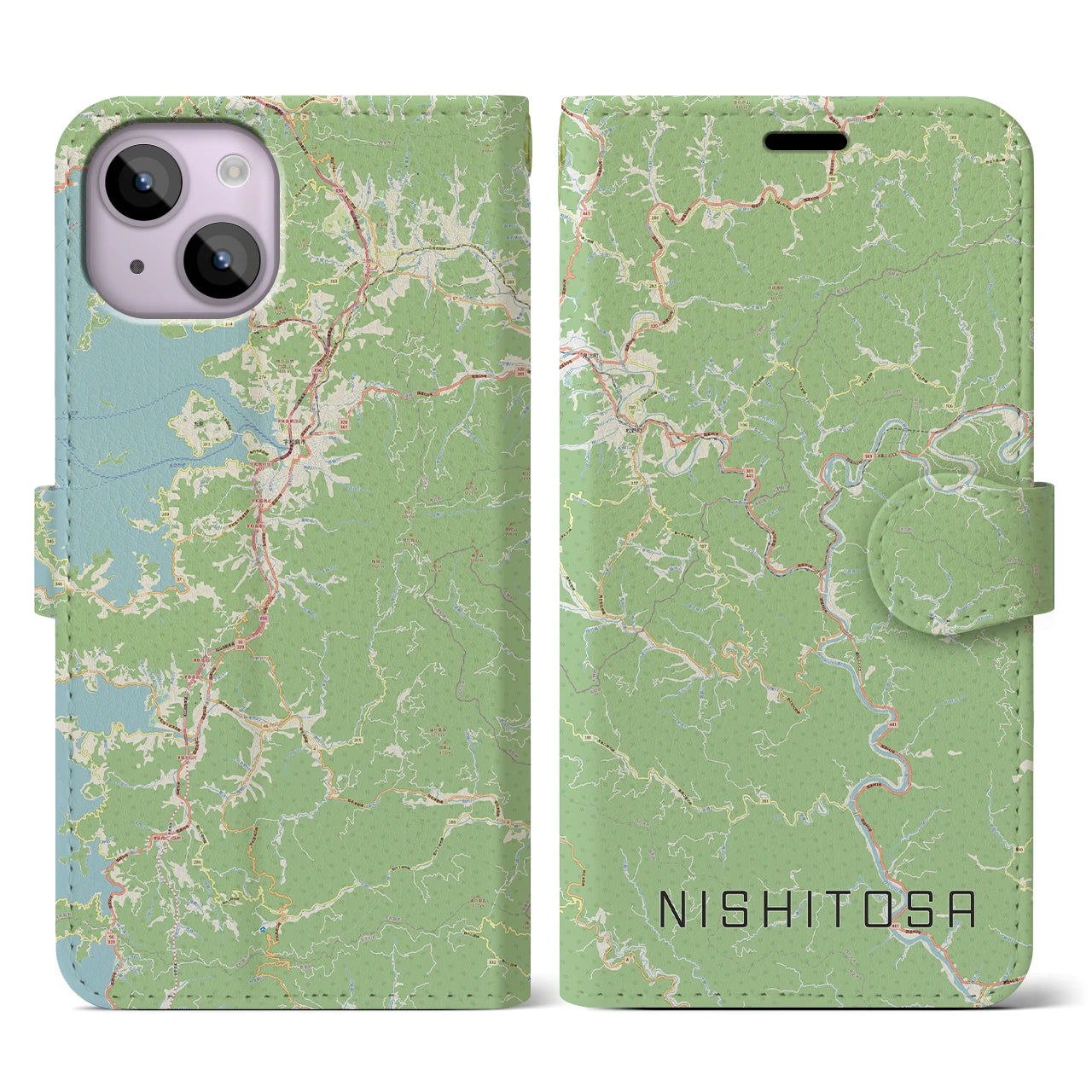 【西土佐(高知県)】地図柄iPhoneケース(手帳タイプ)ナチュラル・iPhone 14 用
