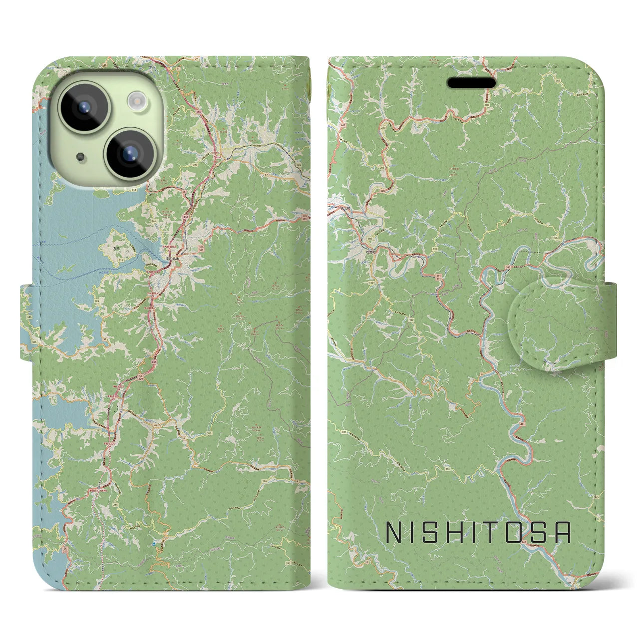 【西土佐(高知県)】地図柄iPhoneケース(手帳タイプ)ナチュラル・iPhone 15 用