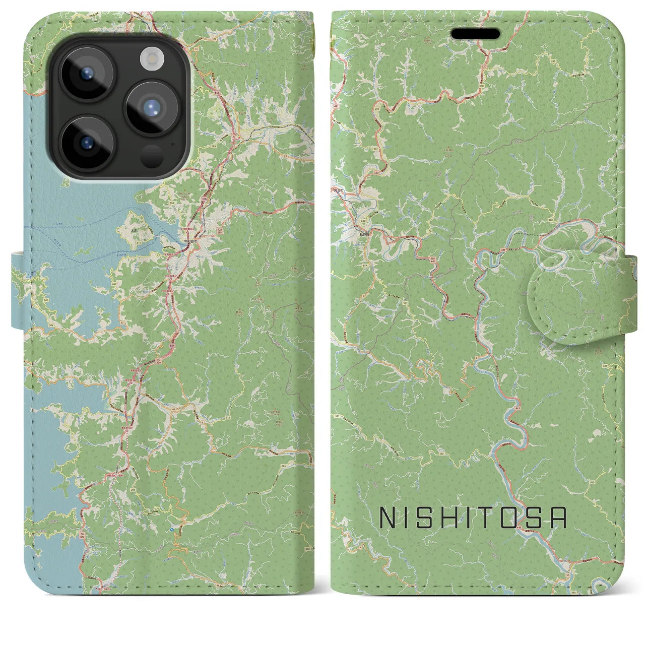 【西土佐(高知県)】地図柄iPhoneケース(手帳タイプ)ナチュラル・iPhone 15 Pro Max 用