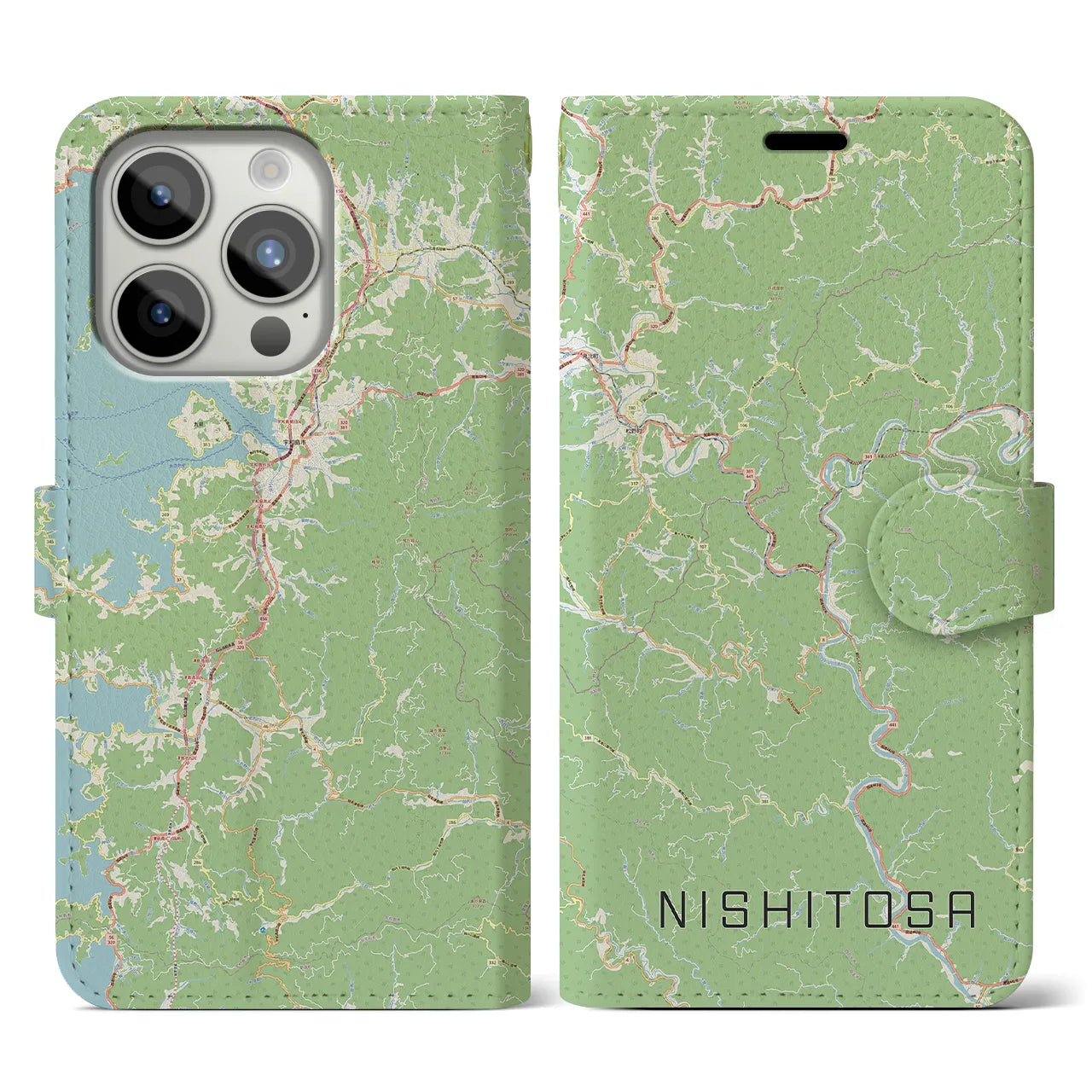 【西土佐(高知県)】地図柄iPhoneケース(手帳タイプ)ナチュラル・iPhone 15 Pro 用
