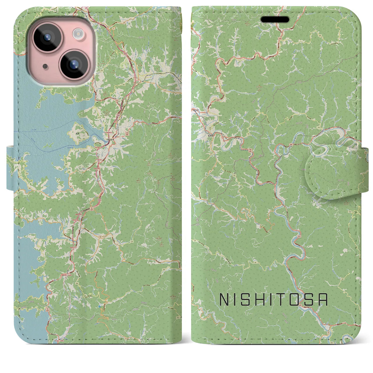 【西土佐(高知県)】地図柄iPhoneケース(手帳タイプ)ナチュラル・iPhone 15 Plus 用